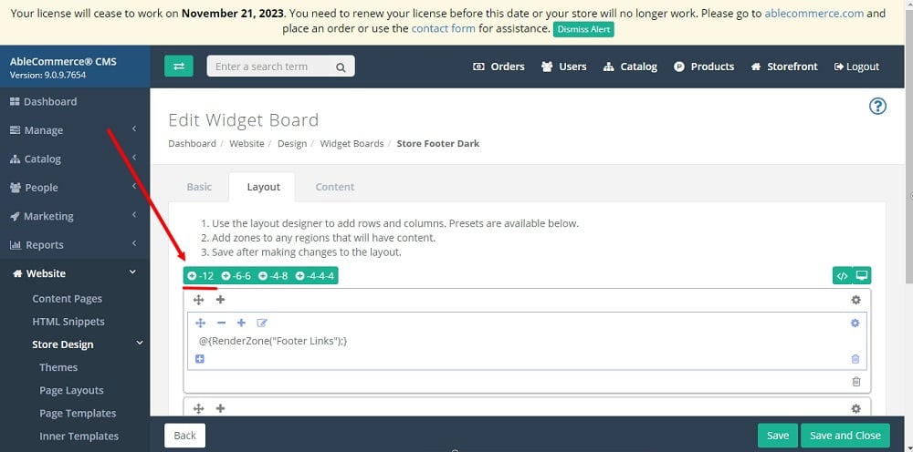 TermsFeed Able Commerce: Store Footer Dark - Edit - Layout - Add a new row selected