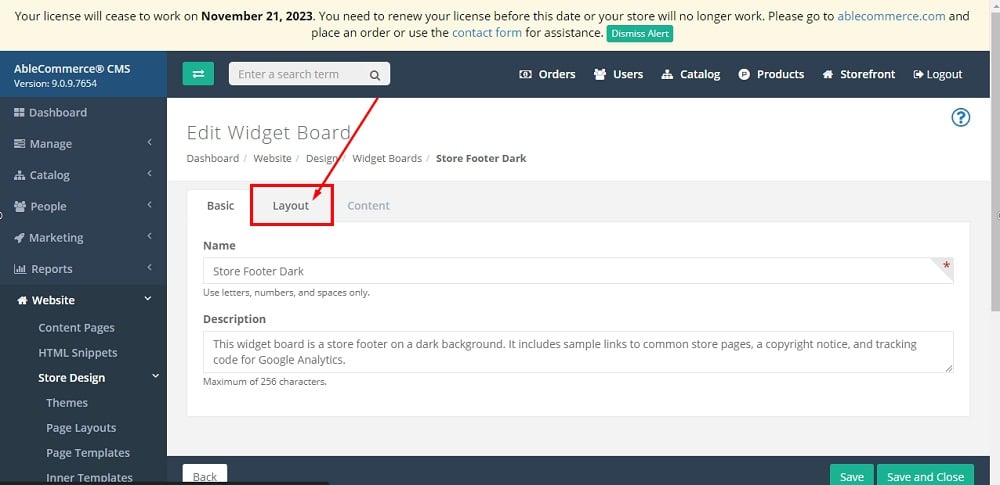 TermsFeed Able Commerce: Store Footer Dark - Edit - Layout selected