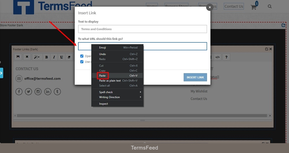 TermsFeed Able Commerce: Storefront - Preview  - Footer - the ON - Edit section - Links edit - Type Terms and Conditions link - Paste highlighted