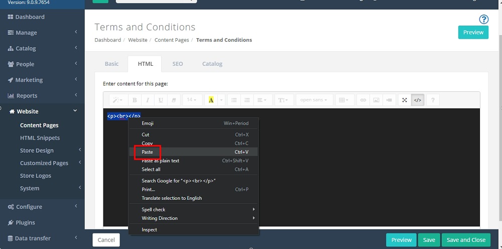 TermsFeed Able Commerce: Terms and Conditions - HTML tab - Code View - Paste  highlighted
