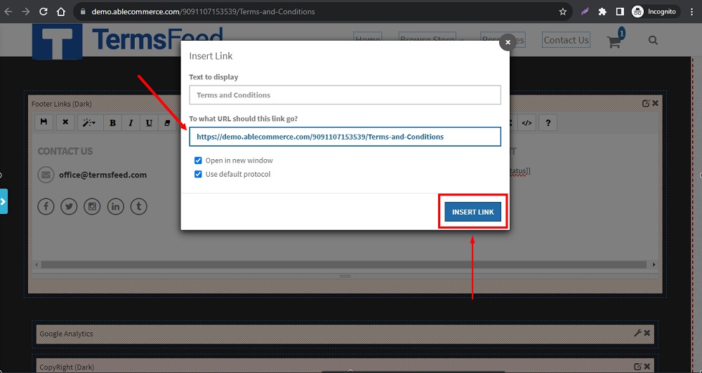 TermsFeed Able Commerce: Terms and Conditions - Preview  - Footer - the ON - Edit section - Links edit - add link - paste and insert link highlighted