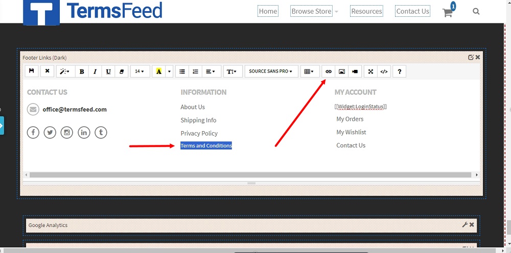 TermsFeed Able Commerce: Terms and Conditions - Preview  - Footer - the ON - Edit section - Links edit - add link highlighted