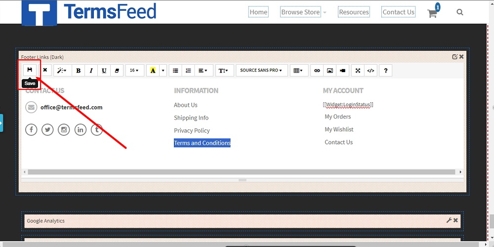 TermsFeed Able Commerce: Terms and Conditions - Preview  - Footer - the ON - Edit section - Links edit - link added - save highlighted