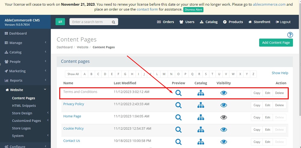 TermsFeed Able Commerce: Content Pages list - Terms and Conditions - Preview icon highlighted