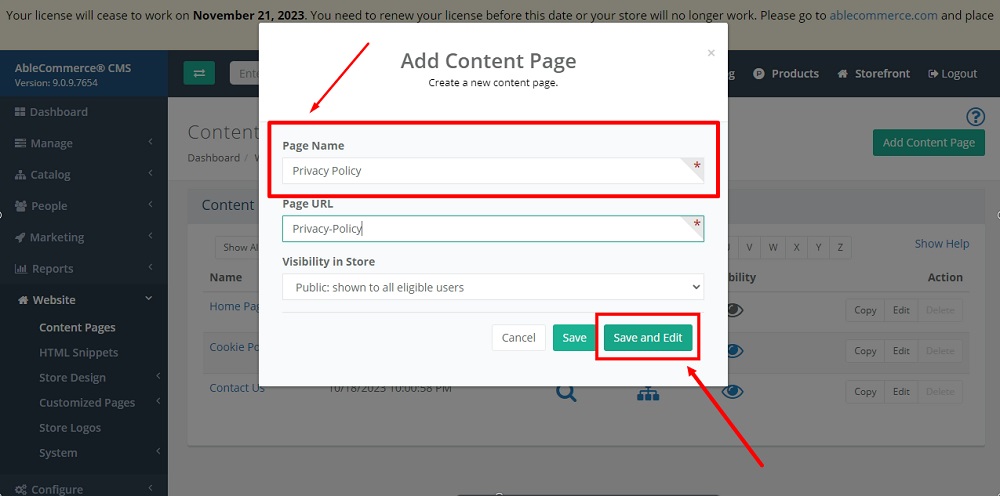 TermsFeed Able Commerce: Website - Content Pages - Add page - Privacy Policy - Save and Edit button highlighted