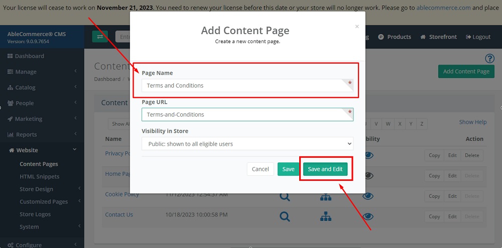 TermsFeed Able Commerce: Website - Content Pages - Add page - Terms and Conditions - Save and Edit button highlighted
