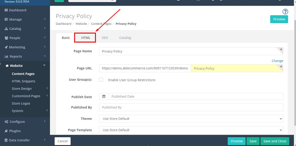 TermsFeed Able Commerce: Website - Content Pages - Privacy Policy - HTML tab highlighted
