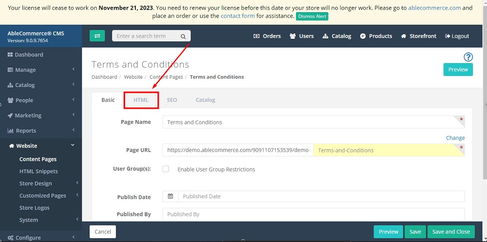 TermsFeed Able Commerce: Website - Content Pages - Terms and Conditions - HTML tab highlighted