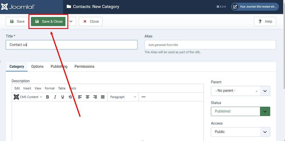 TermsFeed Joomla 4: Contact Us category added - Save and Close highlighted