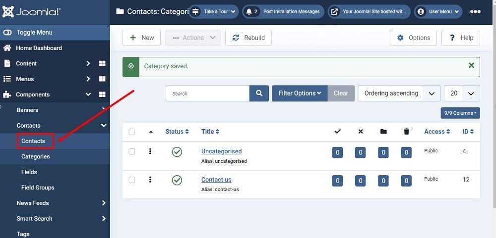 TermsFeed Joomla 4: Contact Us category saved - Contacts highlighted