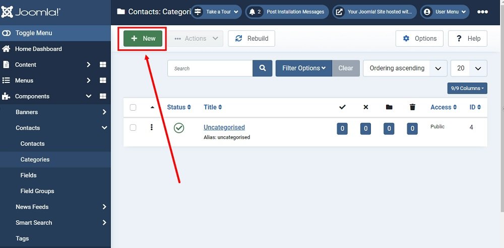 TermsFeed Joomla 4: Contacts - Categories - Add a new category highlighted