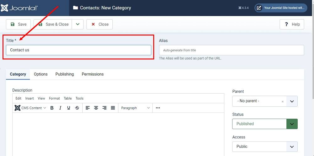 TermsFeed Joomla 4: Contacts - Categories -  Add a new category highlighted