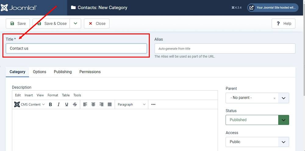 TermsFeed Joomla 4: Contacts - Categories - Add a new category highlighted