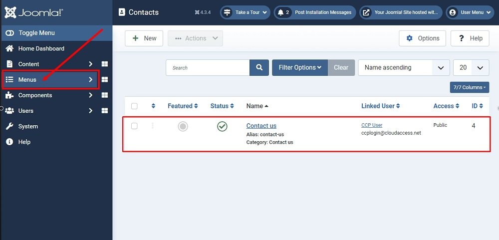 TermsFeed Joomla 4: Contacts created - Menus highlighted
