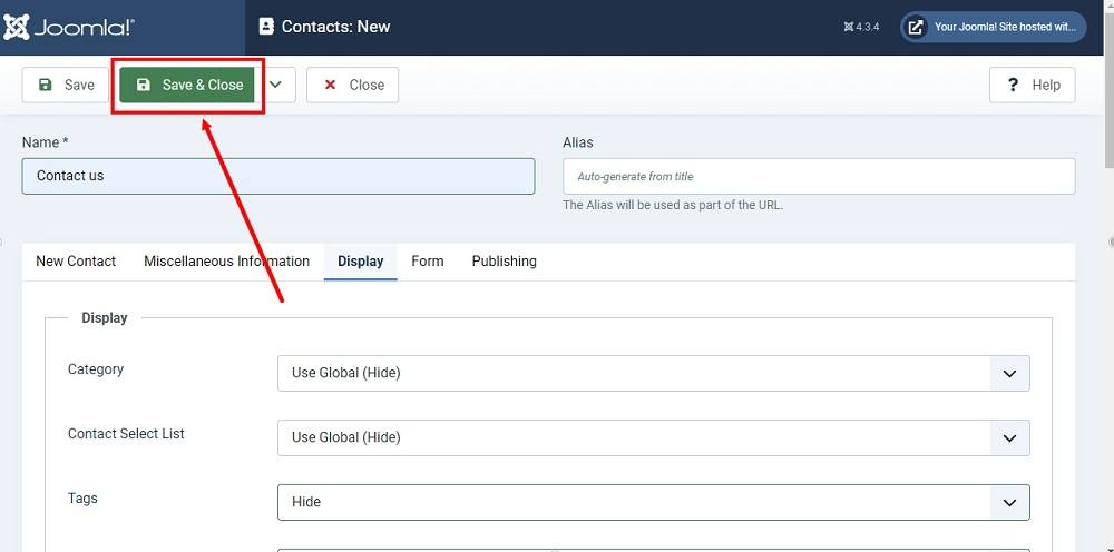 TermsFeed Joomla 4: Contacts Editor - Display tab - Save and Close highlighted