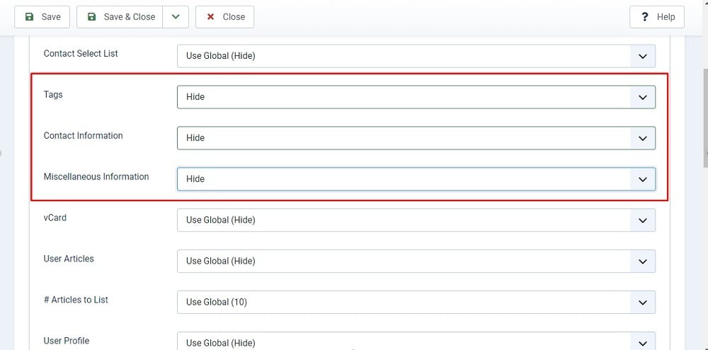 TermsFeed Joomla 4: Contacts Editor - Display tab - Hide the Tags, Contact Information, and Miscellaneous Information highlighted