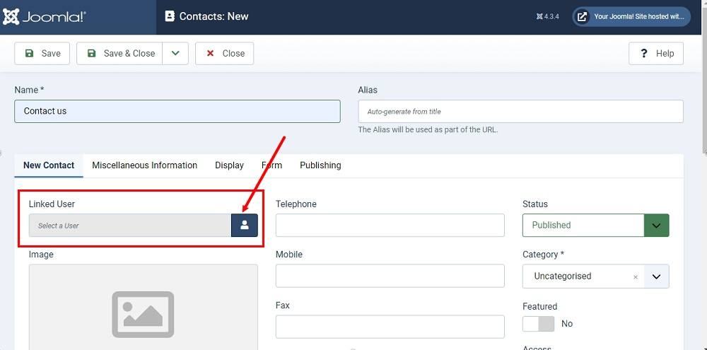 TermsFeed Joomla 4: Contacts Editor - add the name - Contact us highlighted