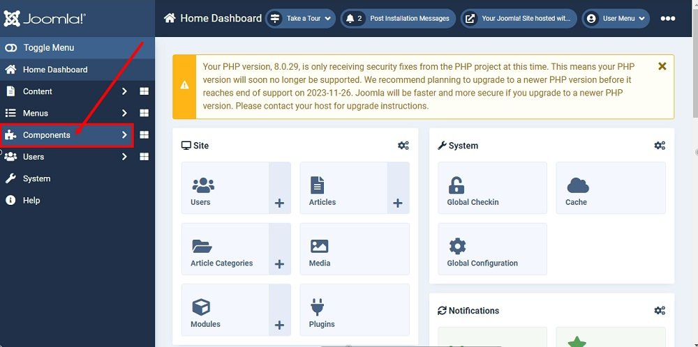 TermsFeed Joomla 4: Dashboard with the Components option highlighted
