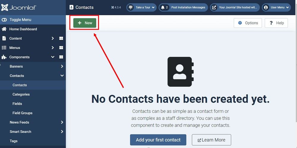 TermsFeed Joomla 4: Dashboard - Contacts - New highlighted