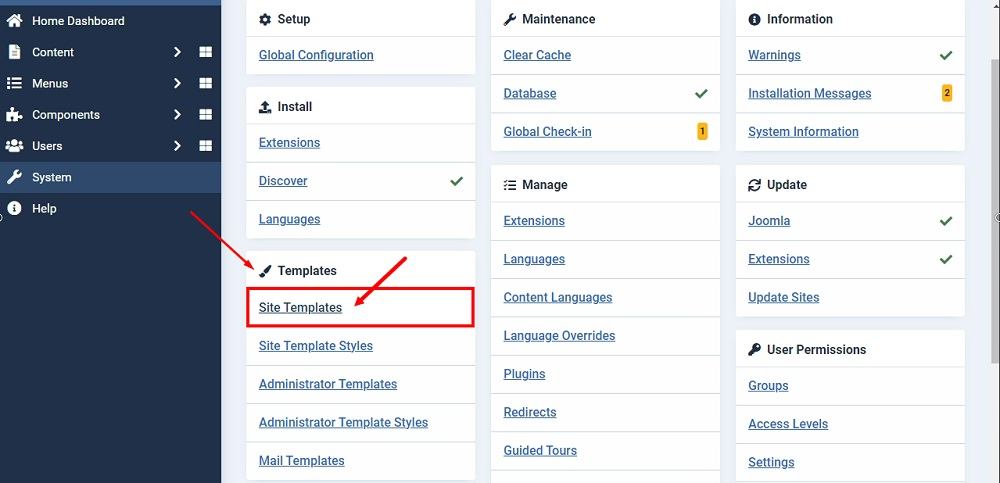 TermsFeed Joomla 4: System Dashboard - Templates - Site Templates highlighted