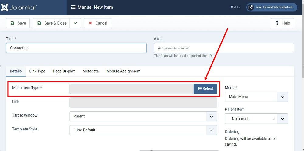 TermsFeed Joomla 4: Main Menu - New item type - Details tab - select button highlighted