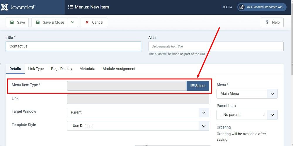 TermsFeed Joomla 4: Main Menu - New item type -  Details tab - select button highlighted