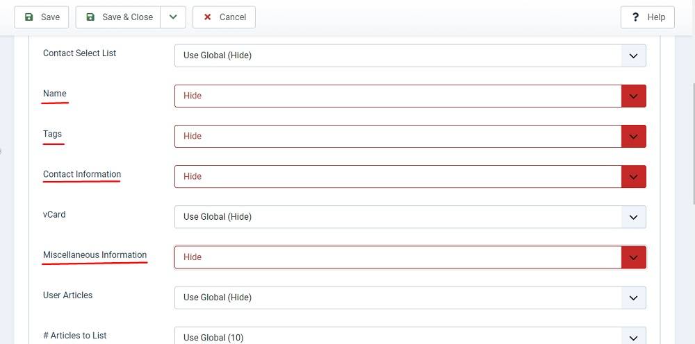 TermsFeed Joomla 4: Main Menu - New item type - Contact Display Options Tab - Set the Name, Tags, Contact Information, and Miscellaneous Information to Hide highlighted