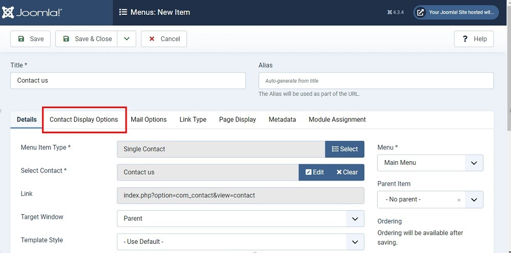 TermsFeed Joomla 4: Main Menu - New item type - Details tab - Contact Us - Contact Display Options Tab highlighted