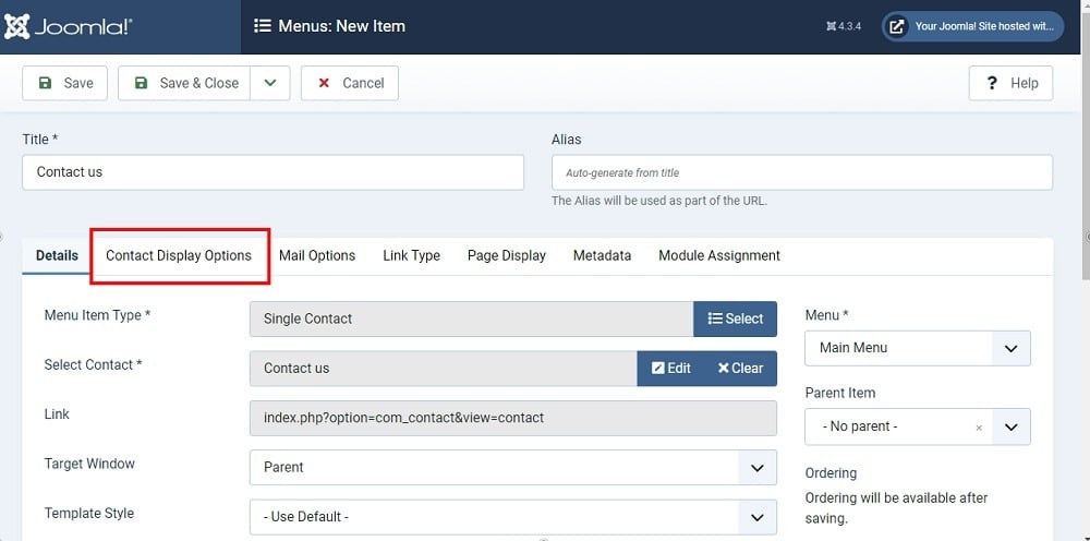 TermsFeed Joomla 4: Main Menu - New item type - Details tab - Contact Us - Contact Display Options Tab highlighted