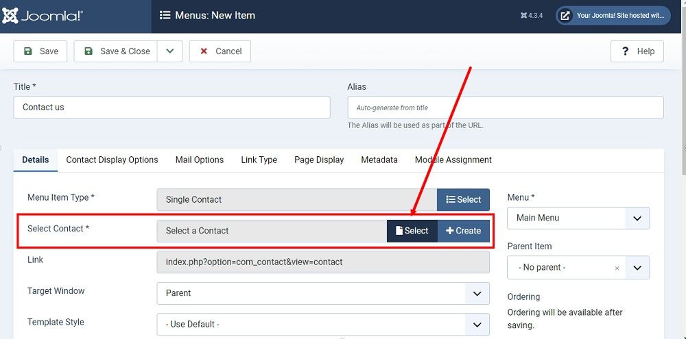 TermsFeed Joomla 4: Main Menu - New item type - Details tab - Select Contact - Select option highlighted