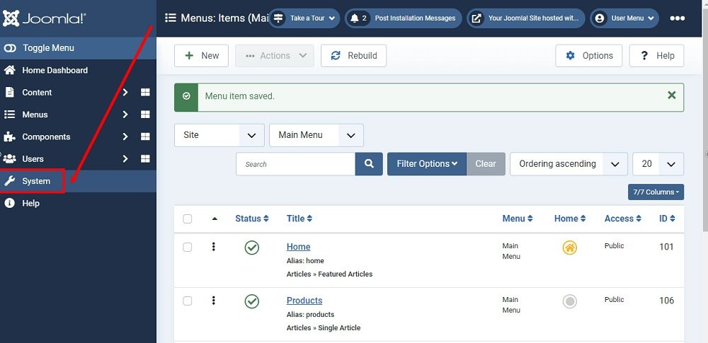 TermsFeed Joomla 4: Menu Items - Back to Dashboard - select System highlighted