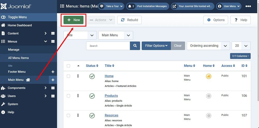 TermsFeed Joomla 4: Contacts Menus - Main Menu - Add new item highlighted