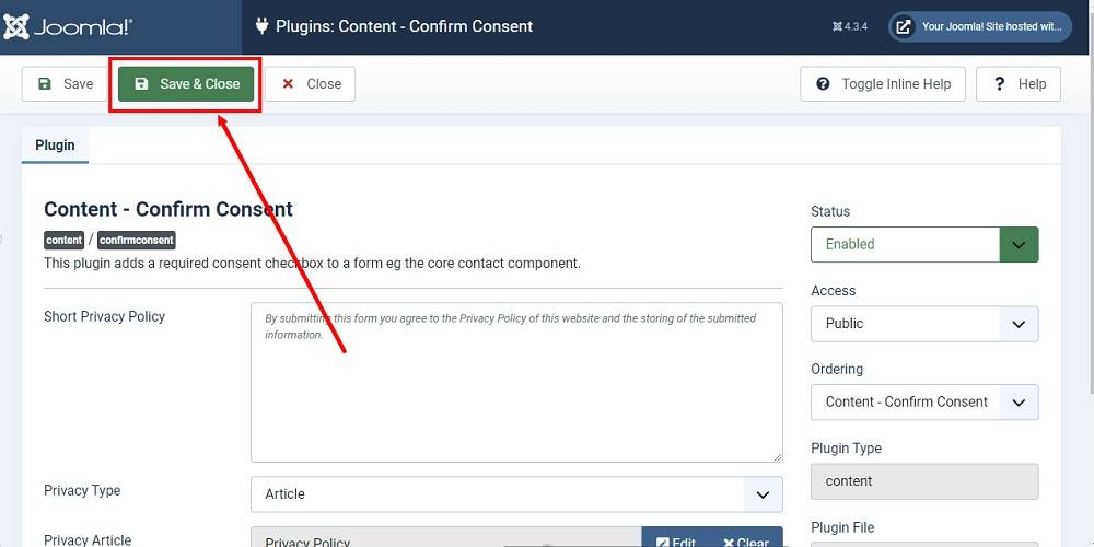 TermsFeed Joomla 4: Plugins - Content - Confirm Consent - Privacy Article - Privacy Policy Article added - Save and Close highlighted