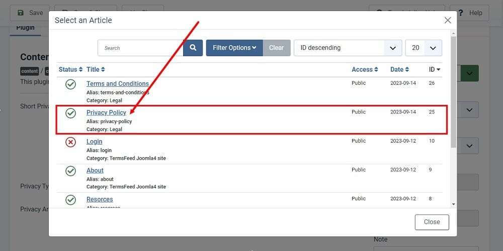 TermsFeed Joomla 4: Plugins - Content - Confirm Consent - Privacy Article - Select Privacy Policy Article highlighted