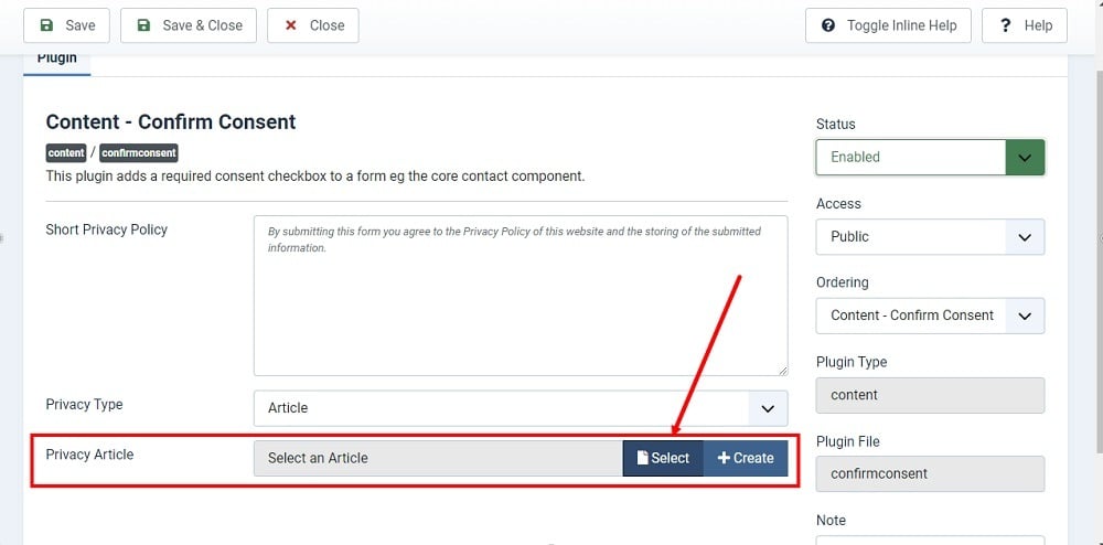 TermsFeed Joomla 4: Plugins Editor - Content - Confirm Consent - Privacy Article - Select highlighted