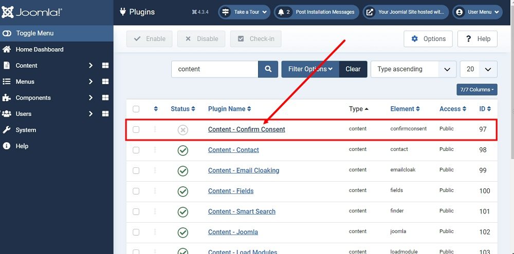 TermsFeed Joomla 4: Plugins Editor - Search for Content - Plugins listed - The Content - Confirm Consent highlighted