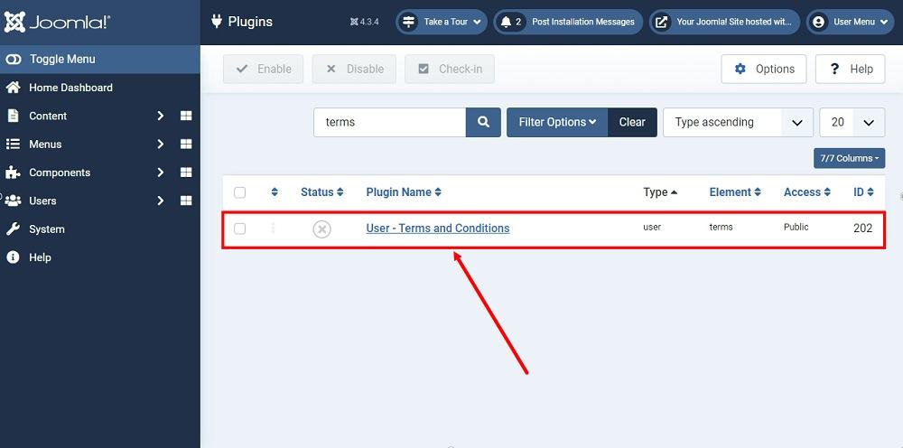 TermsFeed Joomla 4: Plugins Editor - Search for Terms - Plugins listed - The User - Terms and Conditions highlighted