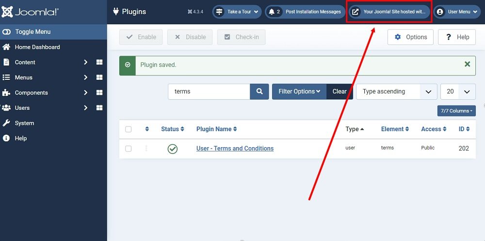TermsFeed Joomla 4: Plugins - Plugin updates saved - The preview highlighted