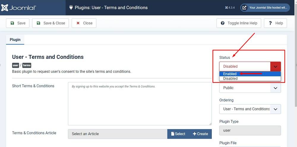 TermsFeed Joomla 4: Plugins -  User - Terms and Conditions - Status change from Disabled to Enabled highlighted