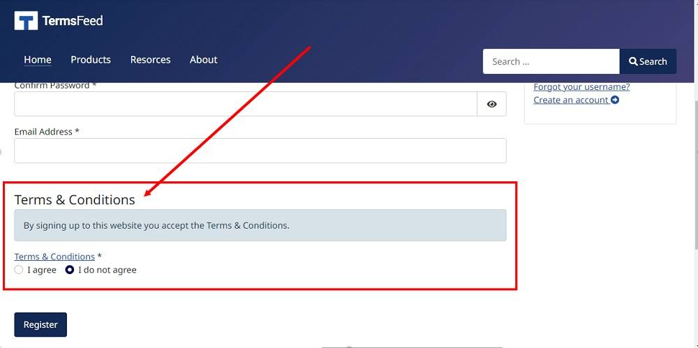 TermsFeed Joomla 4: The preview - User Registration page with the Terms and Conditions section - Info note, a Terms and Conditions page linked with agree - disagree options highlighted