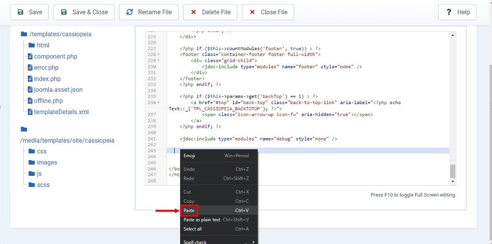 TermsFeed Joomla 4: Site Templates - Cassiopeia template editor - files - index.php - file code editor - Paste the generated Cookie Consent code before end of the body tag highlighted