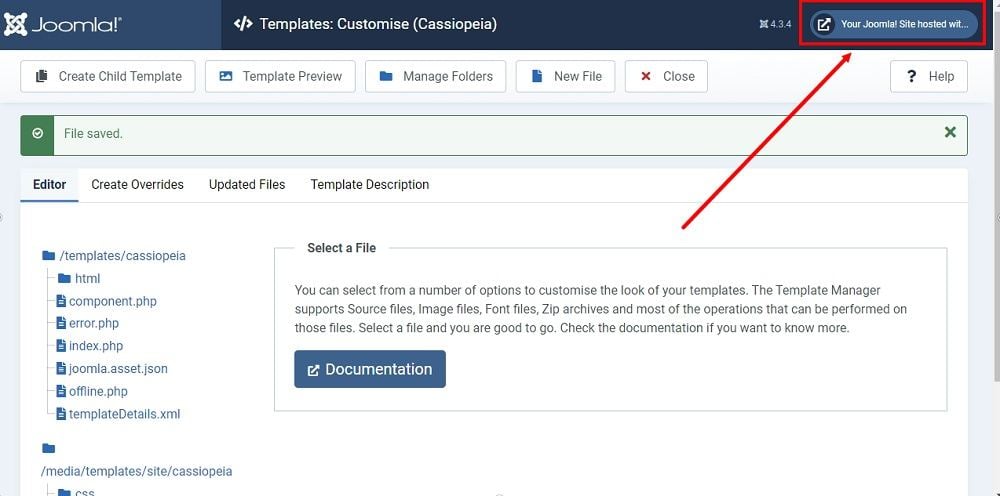 TermsFeed Joomla 4: Site Templates - Cassiopeia template editor - files - index.php - edits saved - The preview highlighted