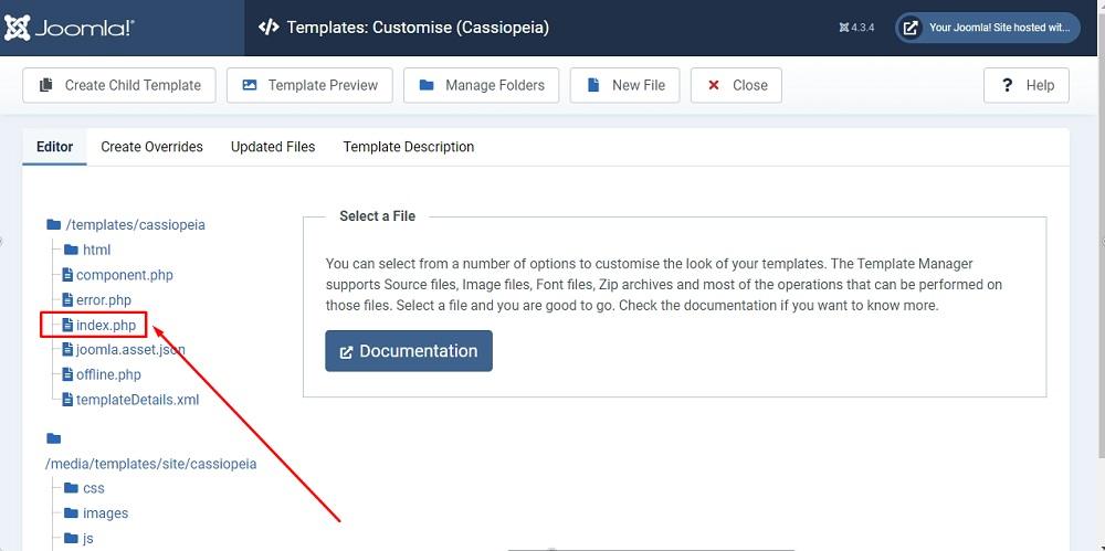 TermsFeed Joomla 4: Site Templates - Cassiopeia template editor - files - index.php highlighted