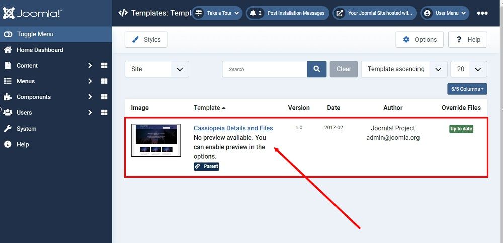 TermsFeed Joomla 4: Site Templates - Cassiopeia template highlighted