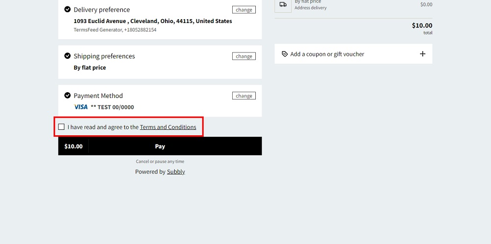 TermsFeed Subbly: Checkout with I agree Checkbox and Terms and Conditions link displayed before the Pay button highlighted
