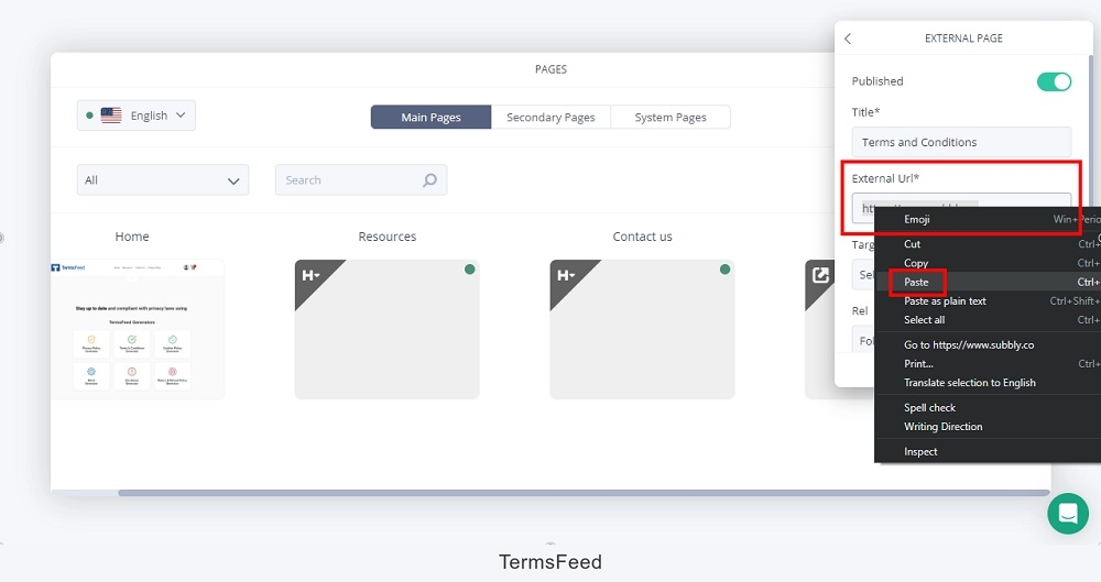 TermsFeed Subbly: The Dashboard - Pages - Add New Page - External URL option highlighted