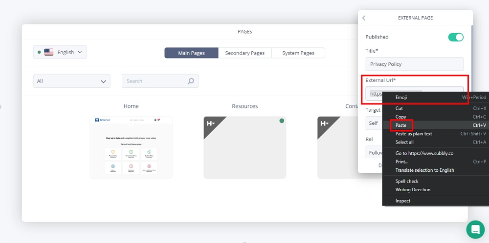 TermsFeed Subbly: The Dashboard - Pages - Add New Page - External URL option highlighted