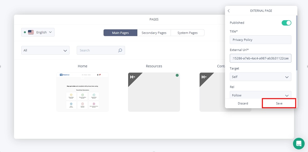 TermsFeed Subbly: The Dashboard - Pages - Added New External Privacy Policy Page - Save option highlighted