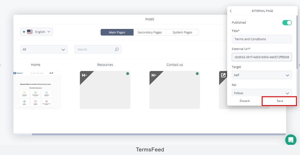 TermsFeed Subbly: The Dashboard - Pages - Added New External Terms and Conditions Page - Save option highlighted