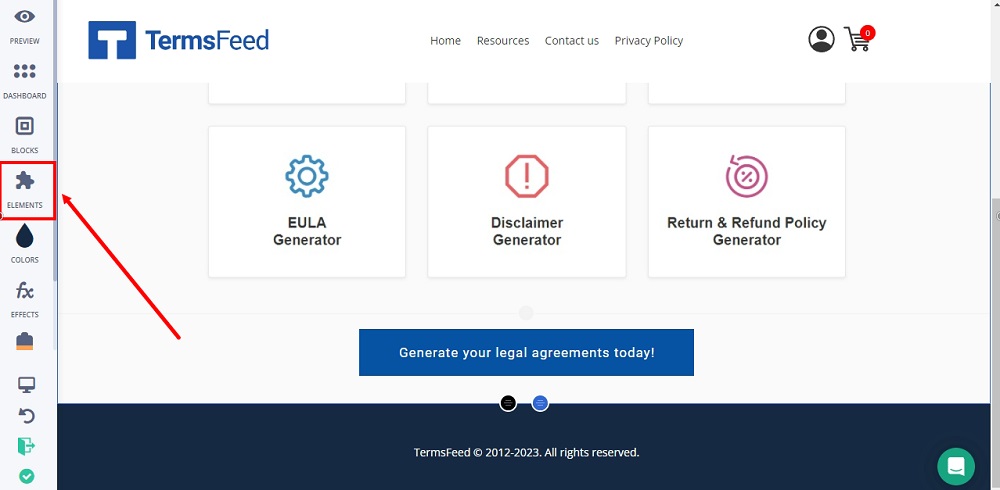 TermsFeed Subbly: The Elements option highlighted